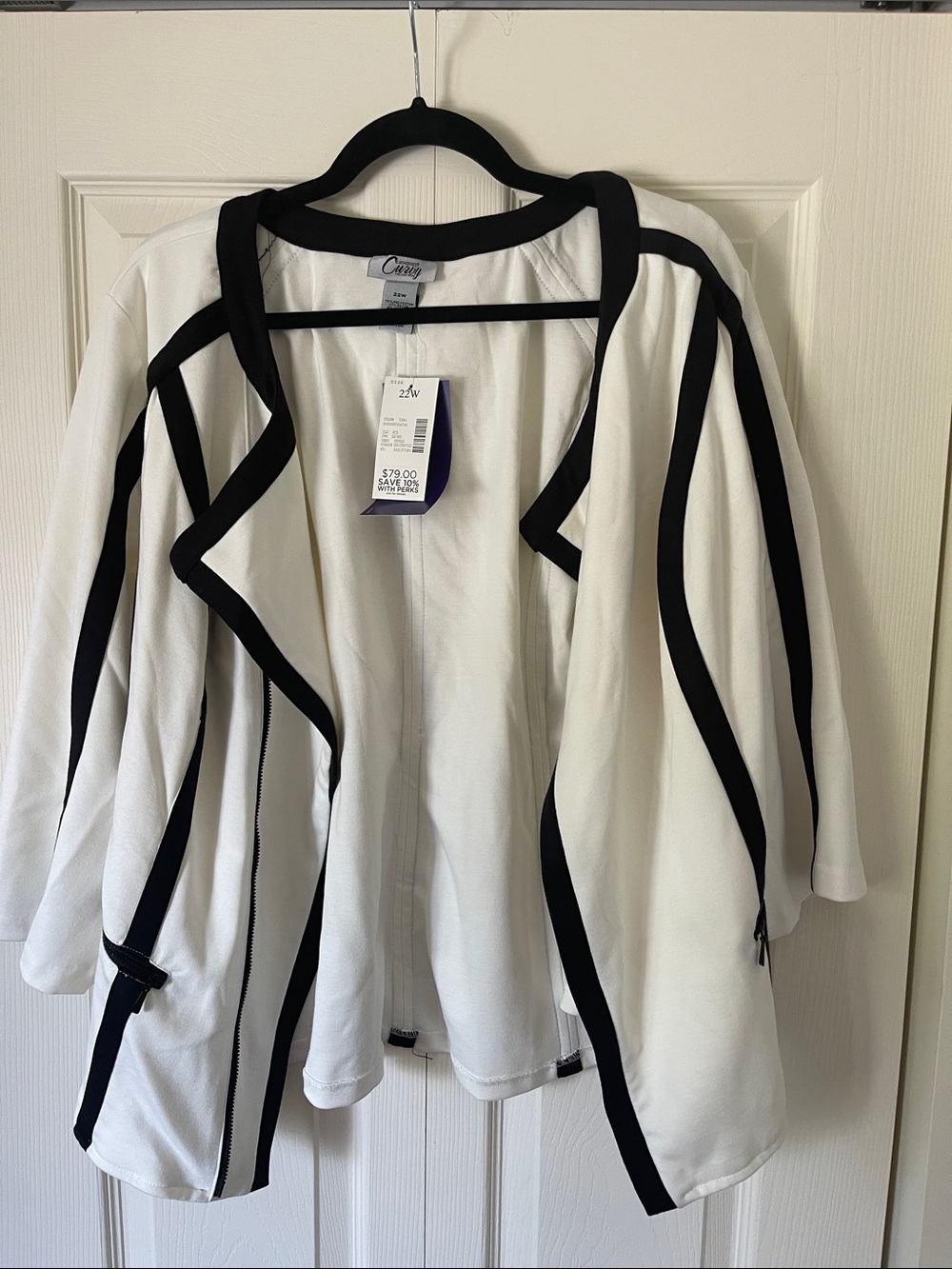 White Open-Front Jacket with Black Trim